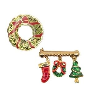 Christmas Holiday Pins/Brooches Wreath and Bar with Wreath Stocking‎ Tree Enamel